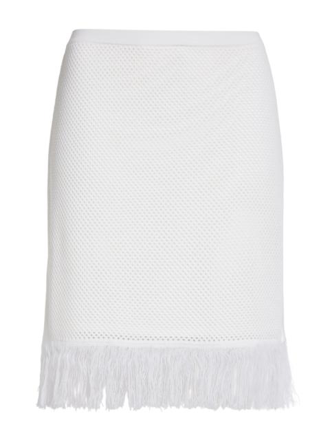 FERRAGAMO FERRAGAMO Open Knit Fringe Short Sleeve Virgin Wool Sweater Skirt in White at Nordstrom