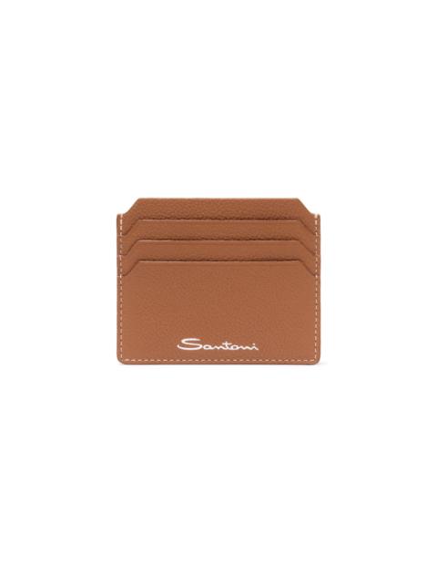 Santoni Light brown tumbled leather credit card holder