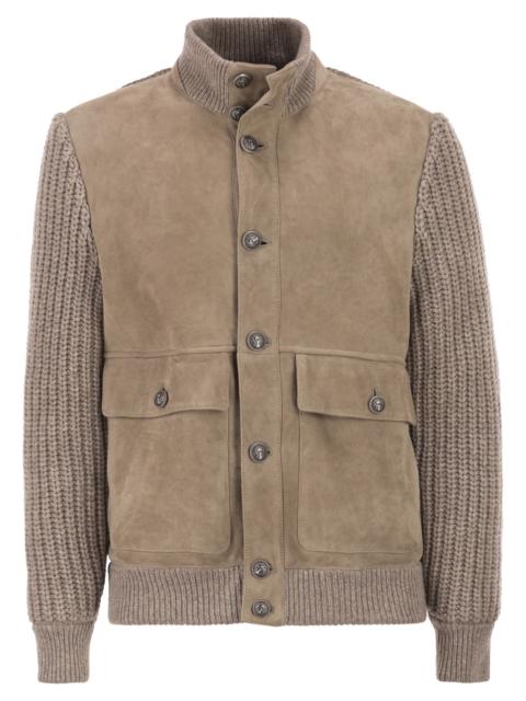 Brunello Cucinelli Brunello Cucinelli Men Suede Shearling Bomber Jacket With Cashmere Knit Details