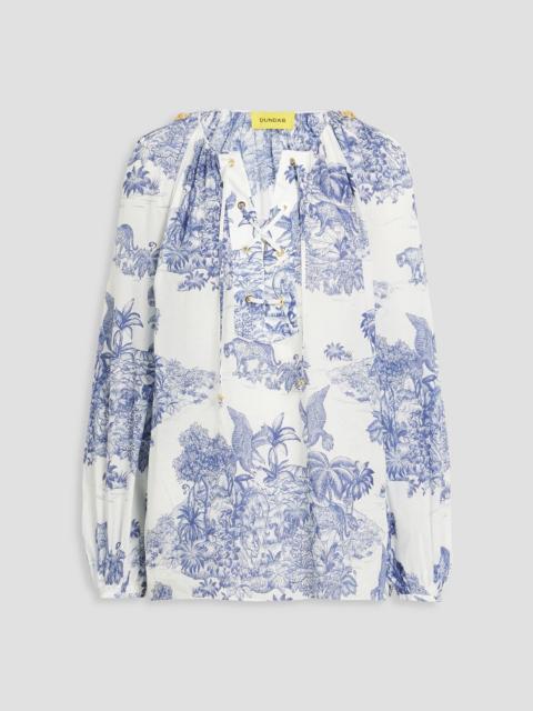 Other Designers Lace-up printed cotton-gauze blouse