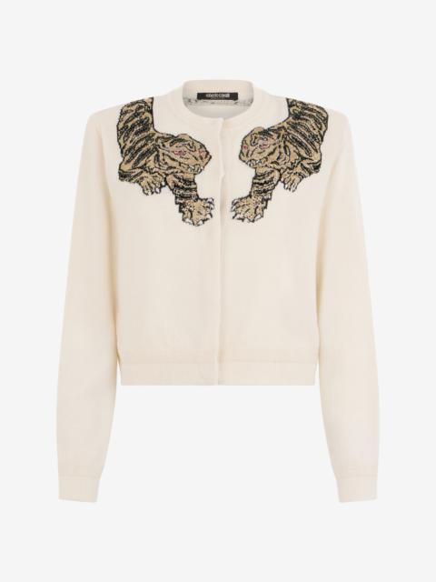Roberto Cavalli Wool Cardigan with Tiger Embroidery