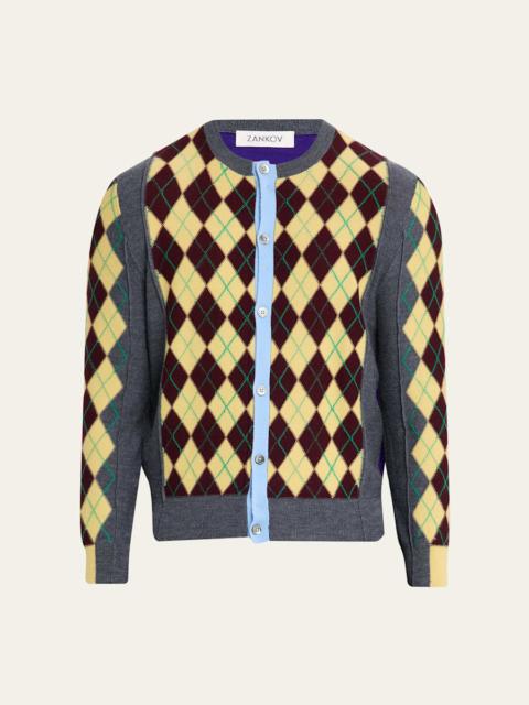 ZANKOV Men's Wool Argyle Color-Block Cardigan