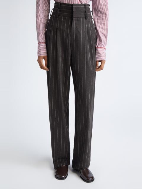 Monse MONSE Double Waistband Pleated Pinstripe Stretch Wool Straight Leg Pants in Brown at Nordstrom