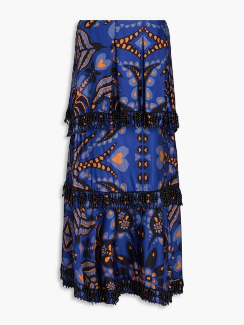 FARM RIO Fringed bead-embellished printed satin midi skirt