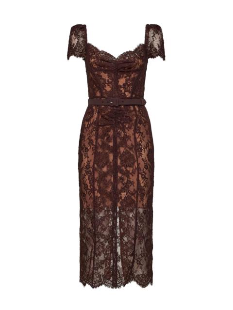 self-portrait Self Portrait Women Brown Floral Lace Belted Midi Dress