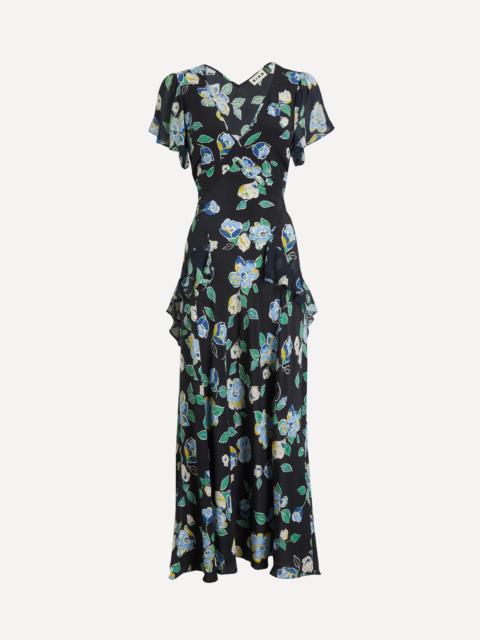 RIXO Evie Kimmie Floral Navy Silk Dress