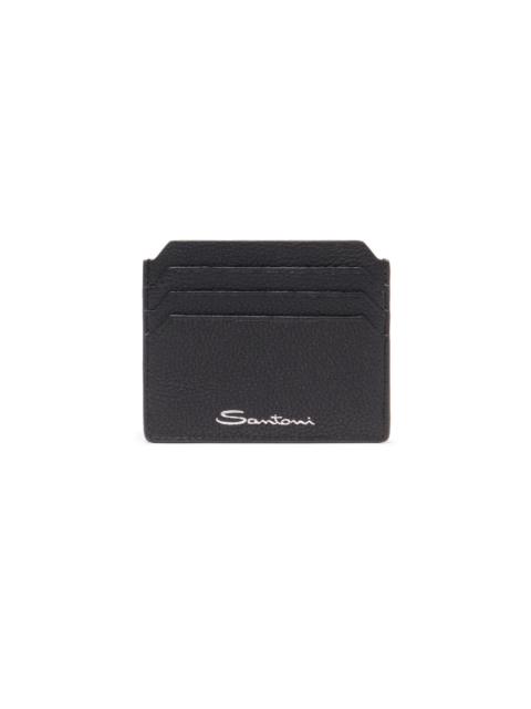 Santoni Black tumbled leather credit card holder