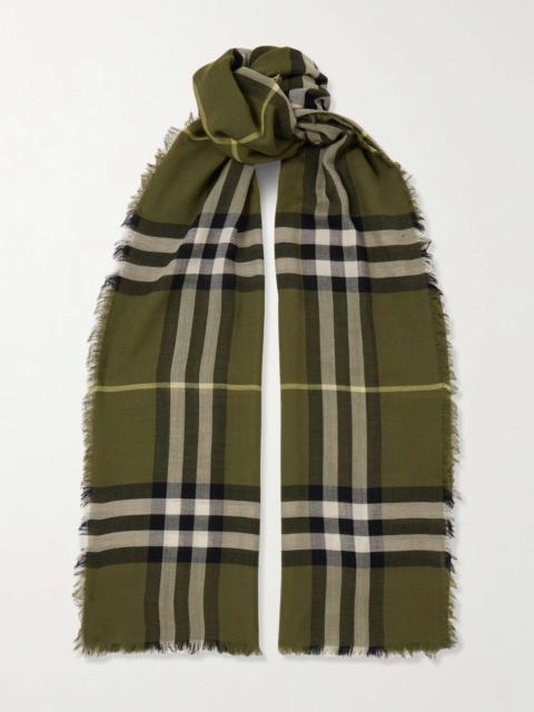 Checked fringed wool scarf Forest green