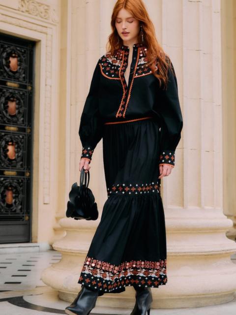 FARM RIO Black Embroidered Tiered Maxi Skirt