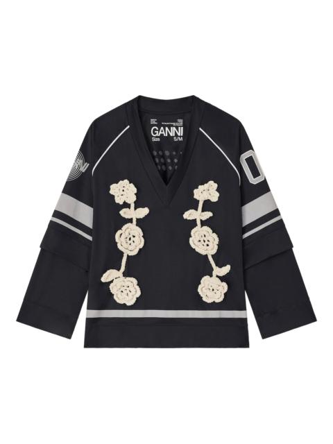 GANNI crocheted-flower jersey top