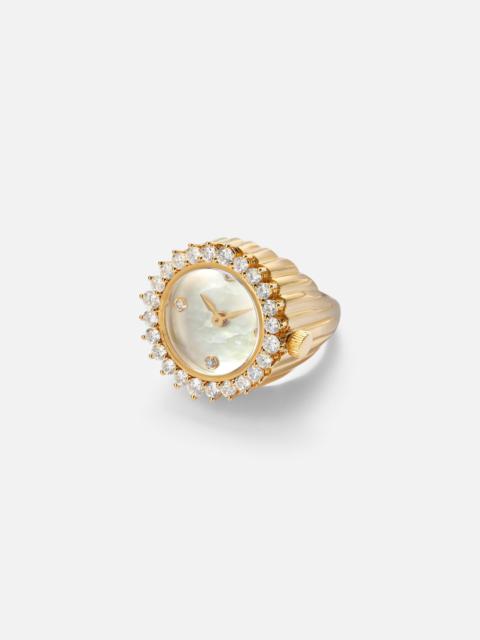 Yvonne Léon L'Horloge 18kt gold and mother-of-pearl ring with diamonds