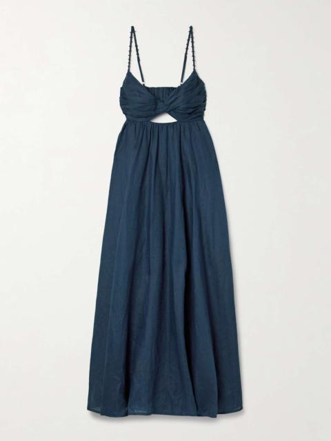 Ascension bead-embellished cutout pleated linen midi dress Navy