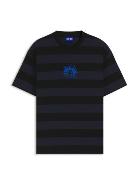 HUGO STRIPED-COTTON T-SHIRT WITH HAPPY HUGO LOGO