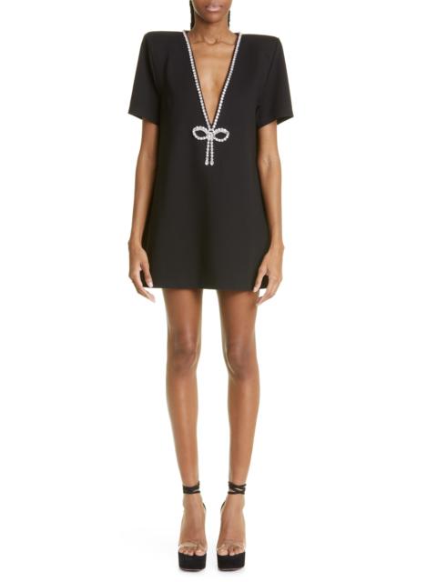 AREA Area Crystal Bow V-Neck Ponte Knit T-Shirt Minidress in Black at Nordstrom