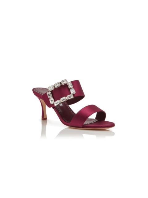 Manolo Blahnik Dark Red Satin Crystal Buckle Mules