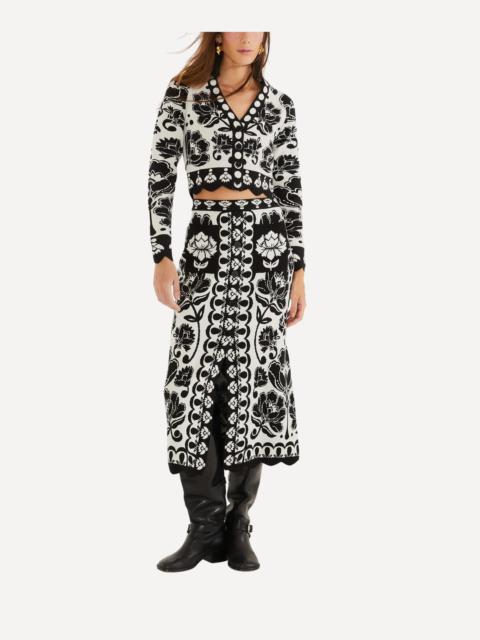 FARM RIO Black and White Floral Arabesque Knit Midi Skirt