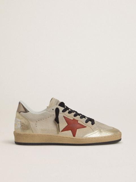 Golden Goose Ball Star in beige suede with red leather star and metallic bronze foiled leather heel tab