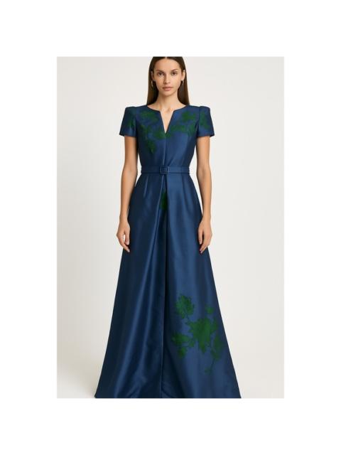 Other Designers NWT Kay Unger Blue Floral Jacquard Belted Gown Dress Size 6 MSRP $418