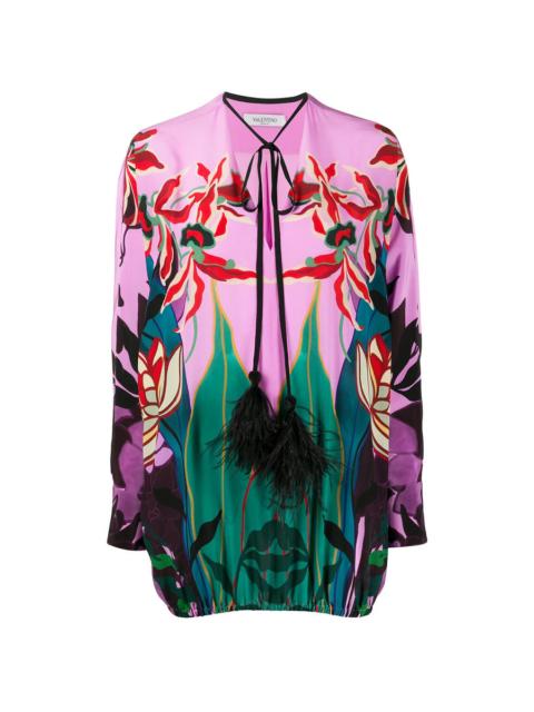Valentino Valentino Garavani Feather-Embellished Mirrored Orchid Ramage Blouse