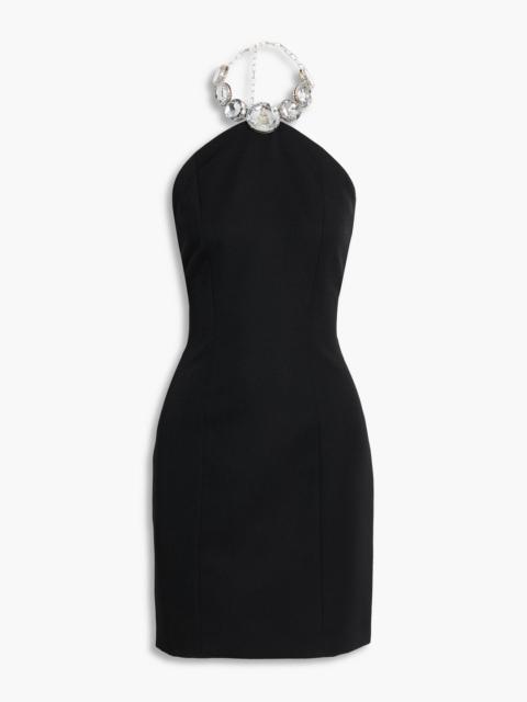 AREA Crystal-embellished wool-twill halterneck mini dress