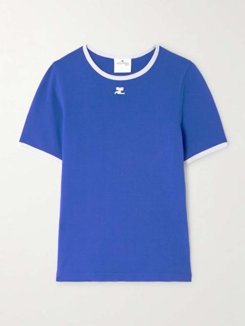 Cropped embroidered cotton-jersey T-shirt Blue