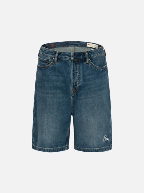 EVISU ALLOVER GODHEAD PRINT AND SEAGULL EMBROIDERY RELAX FIT DENIM SHORTS