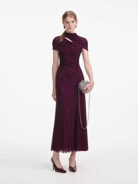 self-portrait Burgundy Rhinestone Mesh Cut Out Midi Dress