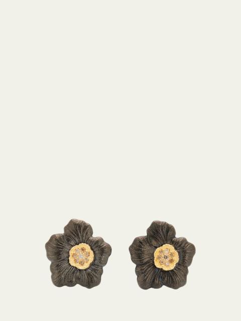 Buccellati Blossom Gardenia Burnished Silver, Gold, Brown Diamond Stud Earring
