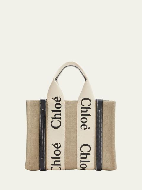 Chloé Woody Small Tote Bag in Linen with Crossbody Strap