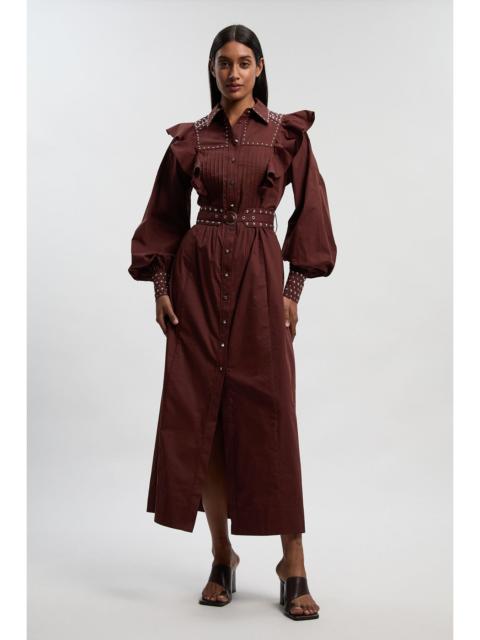 KAREN MILLEN Cotton Sateen Drama Sleeve Studded Woven Maxi Shirt Dress