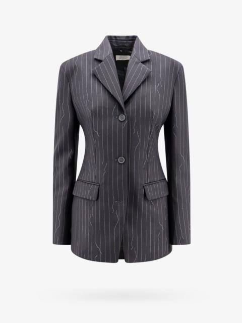 Off White Pinstripe Fabric Blazer With Shoulder Pads