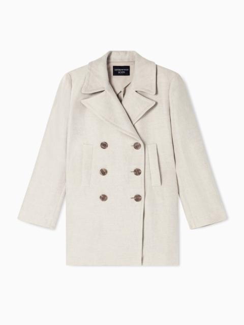 EMPORIO ARMANI DOUBLE-BREASTED PEA COAT IN LINEN BLEND CAVALRY TWILL