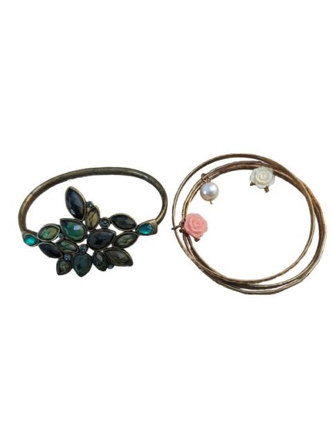 Unknown - Two Gold Bracelets Green Gemstones and Pink Rose Pearl
