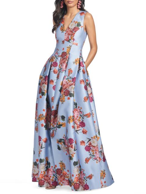 SACHIN & BABI Sachin & Babi Brooke Floral Sleeveless Mikado Gown in Glacial Blue Bright Bouquet at Nordstrom