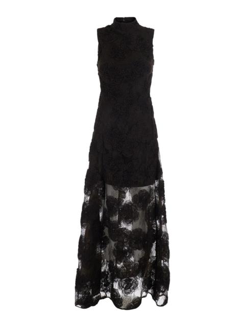 ROTATE Rotate Women Brown Sleeveless Long Dress With High Collar And All-Over Floral Embroidery In Tech Fab