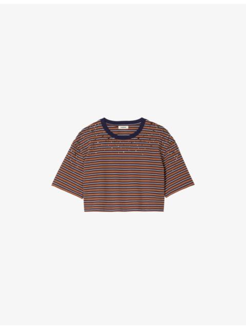 Sandro Rhinestone-Embellished Striped Boxy Cotton T-Shirt