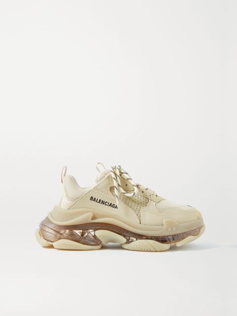 BALENCIAGA Triple S Clear Sole logo-embroidered faux leather and mesh sneakers Beige
