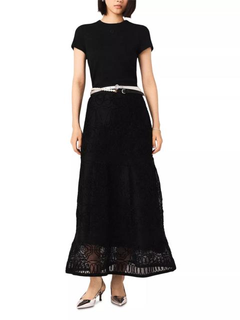 maje Embroidered Basket Weave Knit Skirt