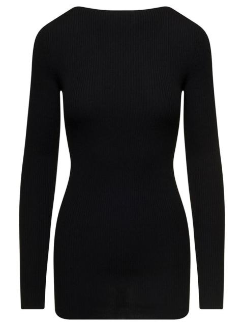 RICK OWENS LONG BLACK RIBBED TOP WITH ROUND CUT-OUT IN WOOL WOMAN