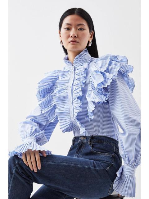 KAREN MILLEN Pleated Striped Ruffle Woven Shirt