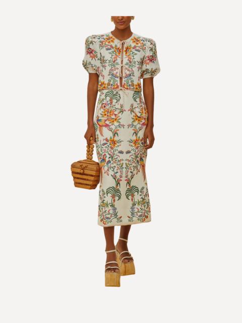 FARM RIO Off-White Delicate Forest Linen Midi Skirt