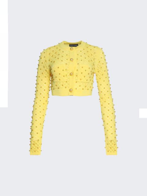 David Koma Allover Pearl Detail Long Sleeve Cardigan Knit Top Yellow