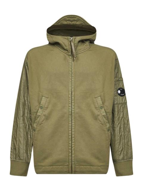 C.P. Company Green Diagonal Raised Fleece Mixed zip-up hoodie