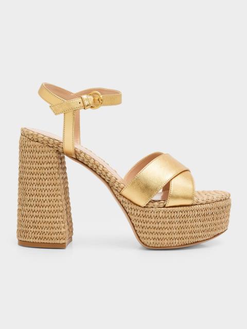 Gianvito Rossi 90mm Bebe Metallic Nappa Leather and Raffia Platform Sandals