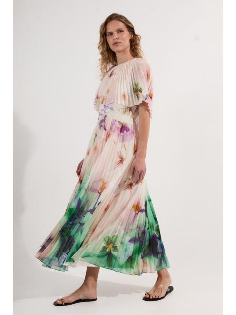 KAREN MILLEN Pleated Floral Cape Sleeve Low Back Woven Maxi Dress