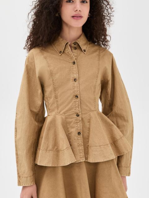 GANNI Washed Stretch Cotton Peplum Shirt