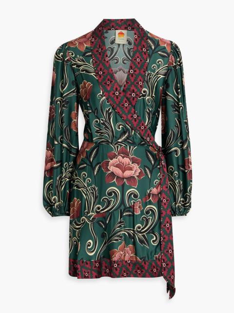 FARM RIO Bead-embellished floral-print crepe de chine mini wrap dress