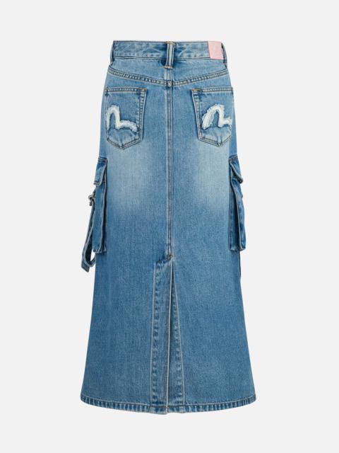 EVISU Deconstructed Inserted Seagull Embroidery Fashion Fit Denim Cargo Skirt