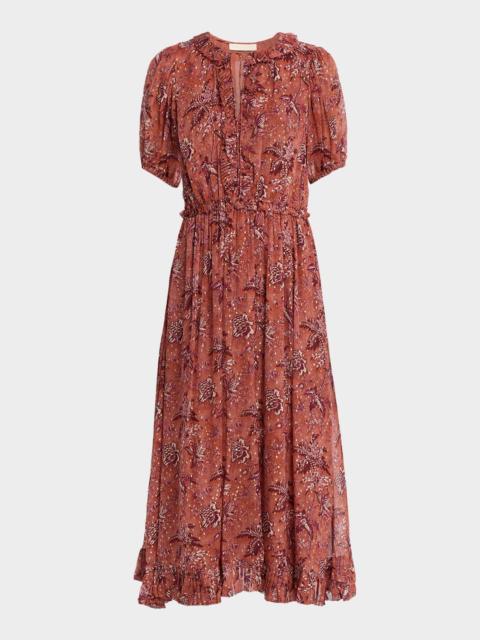 ULLA JOHNSON Rosamunde Puff-Sleeve Ruffle Chiffon Midi Dress