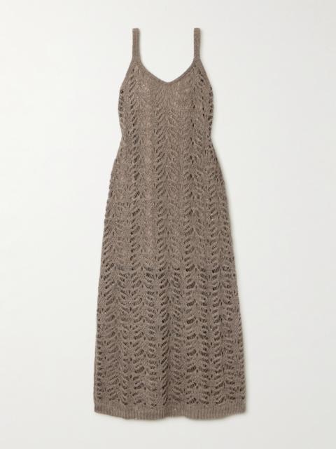 Brunello Cucinelli Sequin-embellished Open-knit Linen-blend Midi Dress